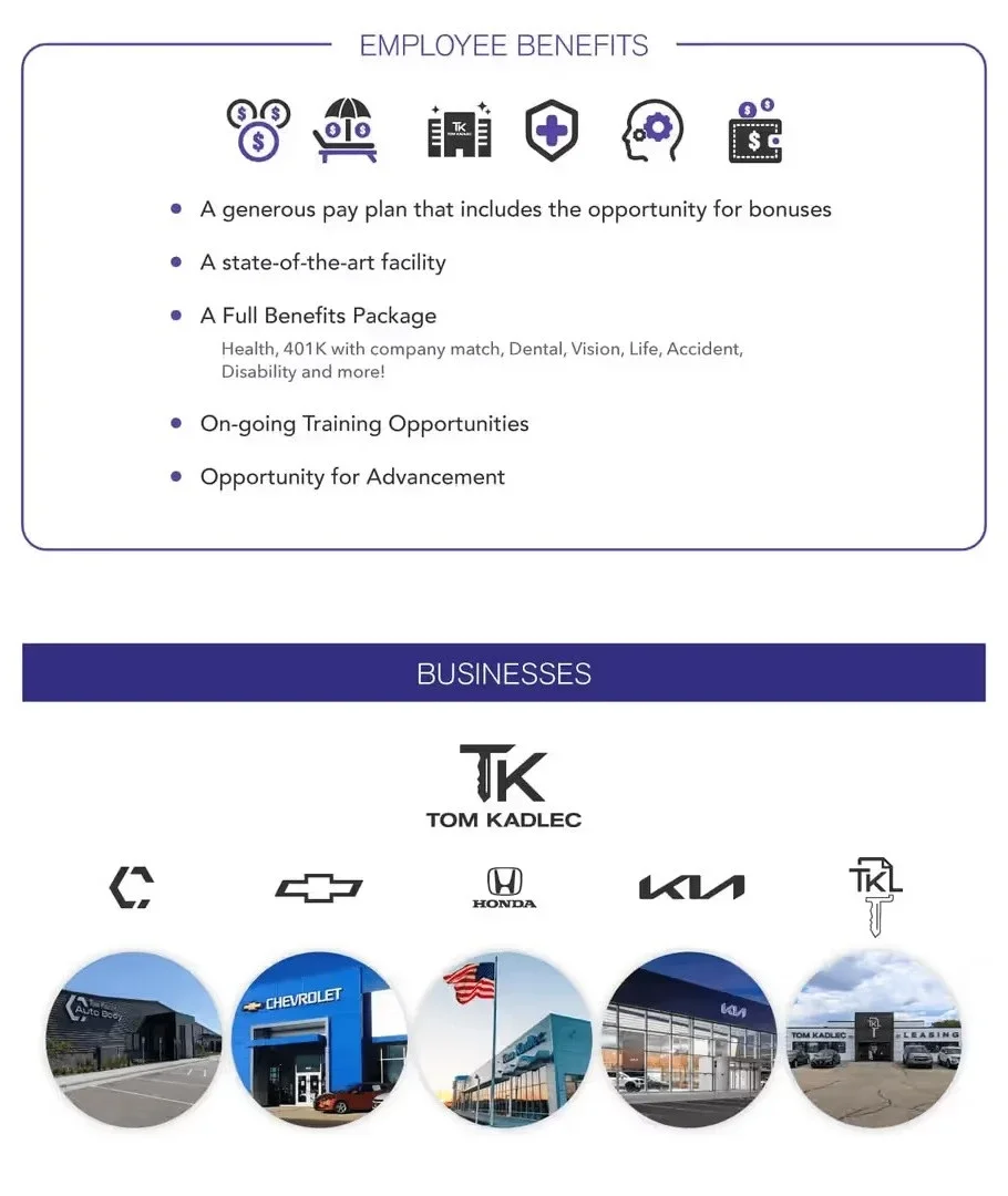 A list of employee benefits and images of five Tom Kadlec locations